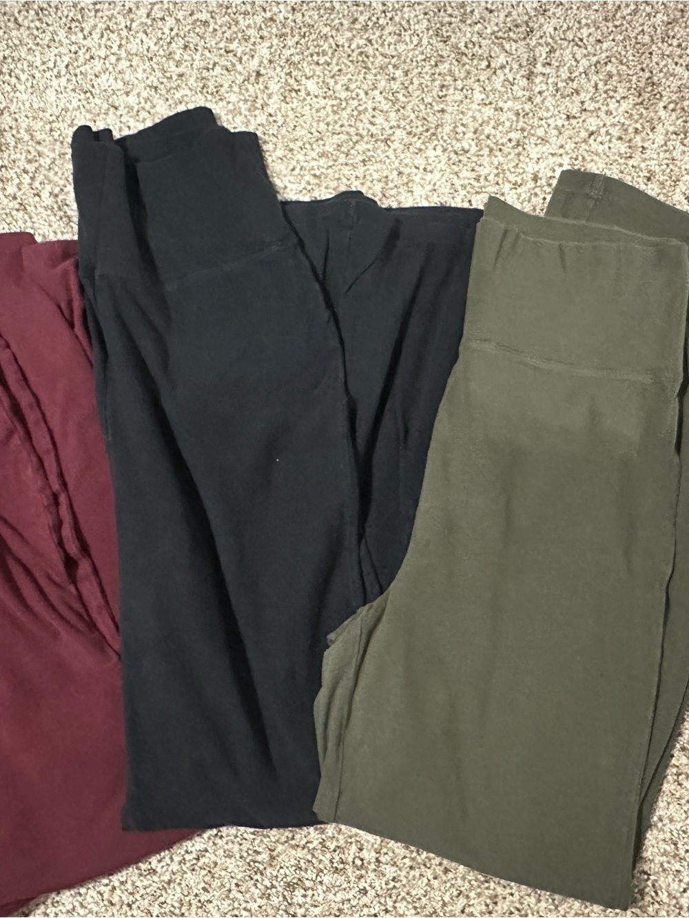 3 Pairs of Cozy Stretch Leggings - Black, Olive, Burgundy